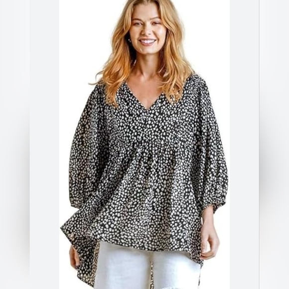 Umgee Cheetah Black Tan Babydoll Tunic Top Blouse Size Large - Picture 1 of 12